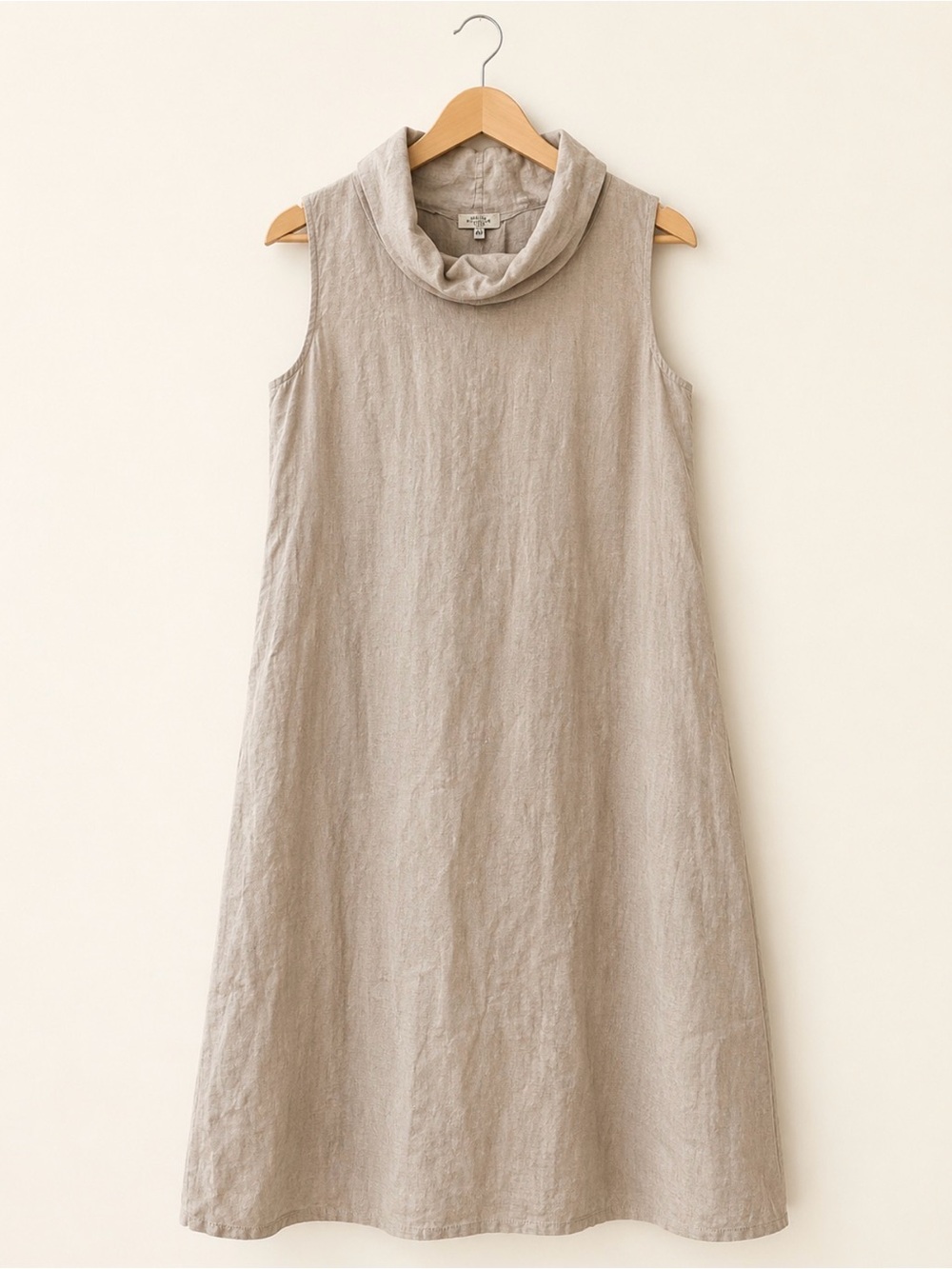 100% Linen Beige Sleeveless Cowl Neck A-Linen Dress Italy M/L US 10-12 EU 44